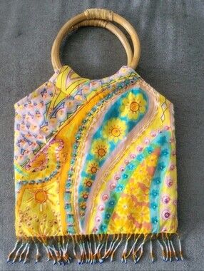Retro Fringe Beaded Yellow Boho Handbag Tote Bamboo  Circle Handles Hippie